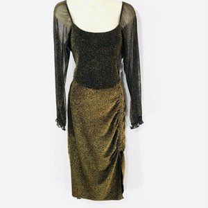 ORIGINALITY Junior Crop Top Sz M Black &Gold Mesh Shimmer Sheer Sleeves NEW